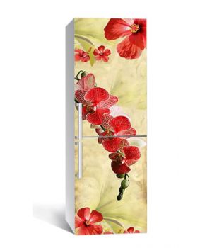 65х200 см, Наклейка на холодильник Ветки красных орхидей