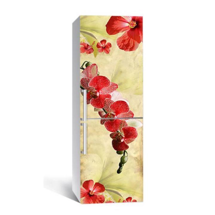 65х200 см, Наклейка на холодильник Ветки красных орхидей