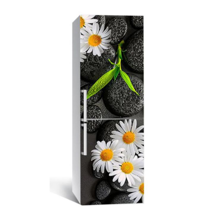 65х200 см, Наклейка на холодильник Ромашки и черные камни