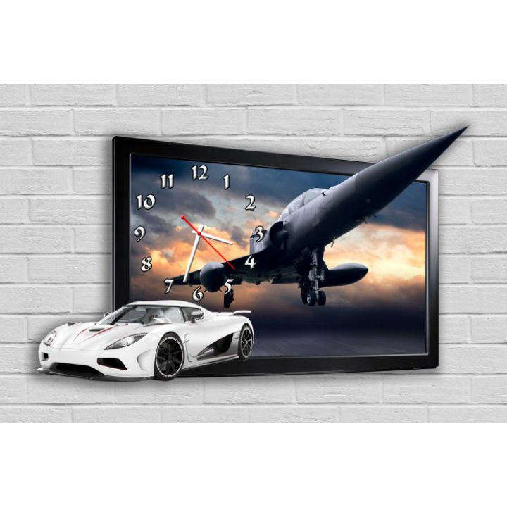 Фигурные настенные часы с 3D эффектом IdeaX Автомобиль и самолет F63, 30х51 см