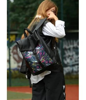 Жіночий рюкзак Sambag RollTop One чорний з принтом "ABSTRACT", 85864