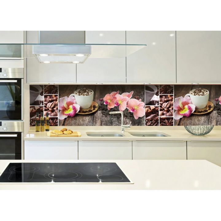 Виниловая наклейка фартук-скинали на кухню Орхидея и сладости 600х2500 мм розовый