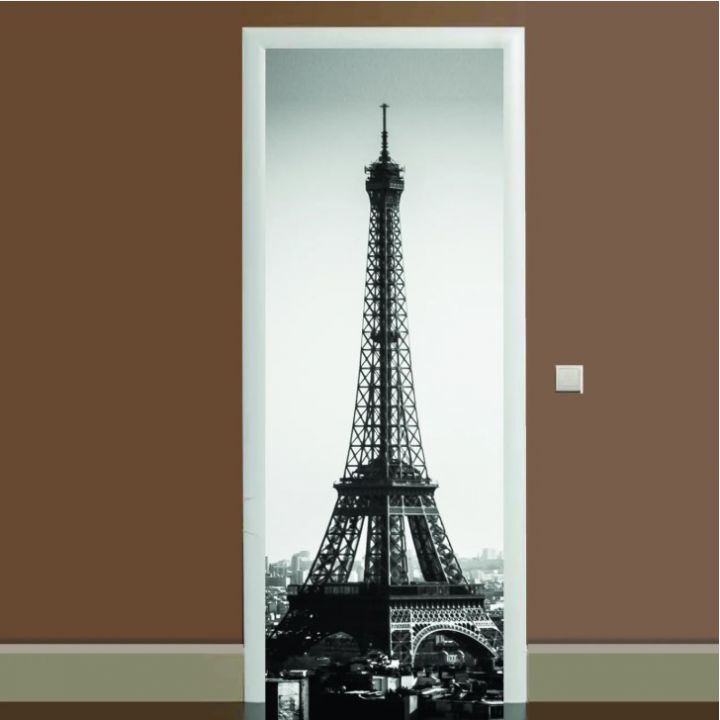 Наклейка на дверь черно-белая Эйфелева башня 01, 65х200 см
