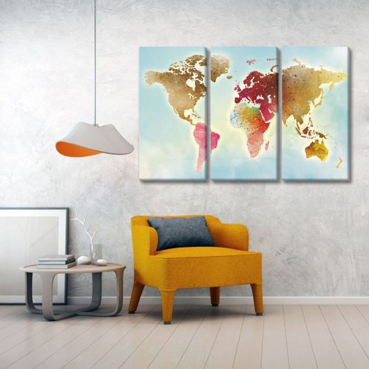 Модульна картина Карта світу. Кольорова акварель.