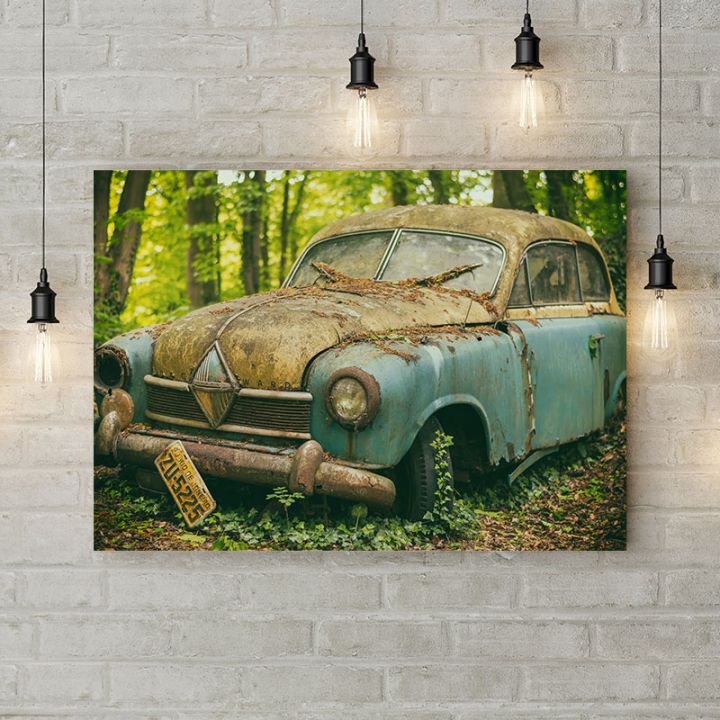 Картина на холсте Старое авто в лесу, 50х35 см