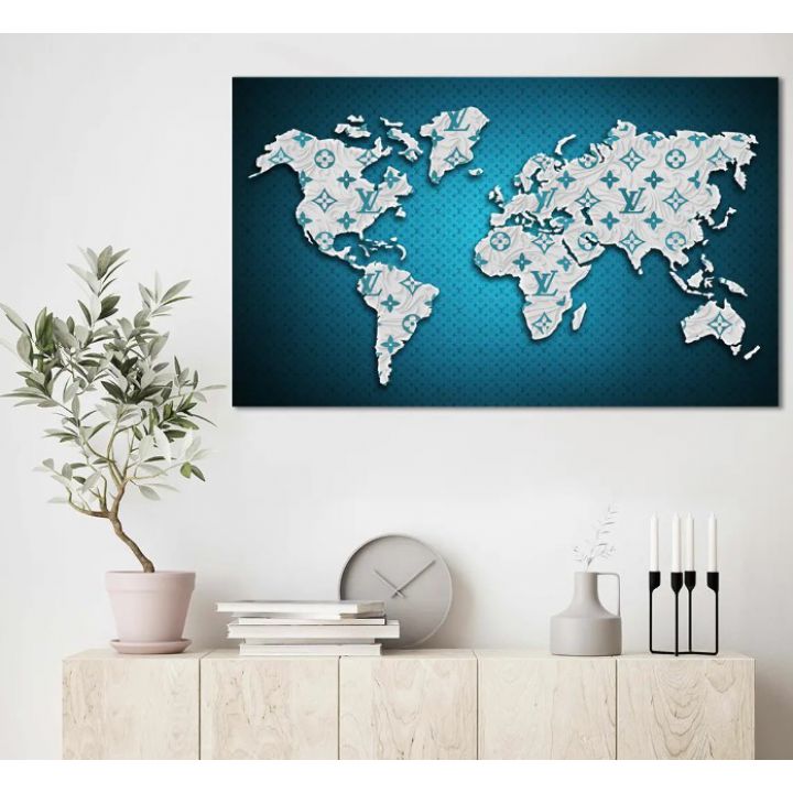 60x100 cм, Карта мира синяя Интерьерная картина на холсте на стену