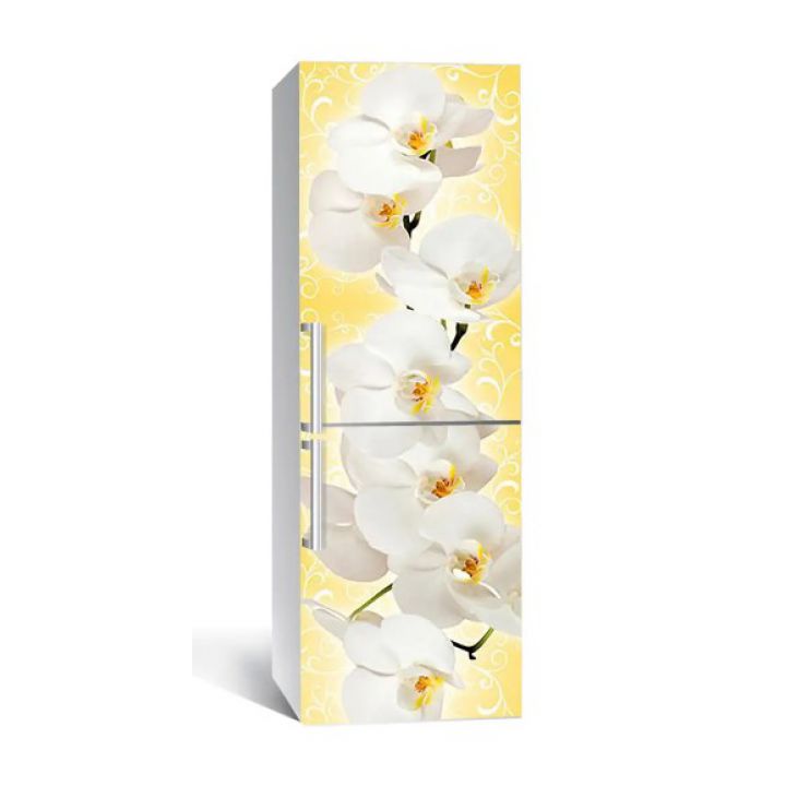 60х180 см, Наклейка на холодильник самоклеющаяся виниловая Орхидеи на желтом