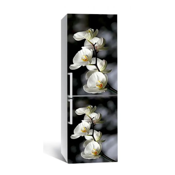 60х180 см, Наклейка на холодильник самоклеющаяся виниловая Орхидеи на черном