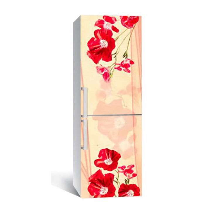 60х180 см, Наклейка на холодильник самоклеющаяся виниловая Красные цветы