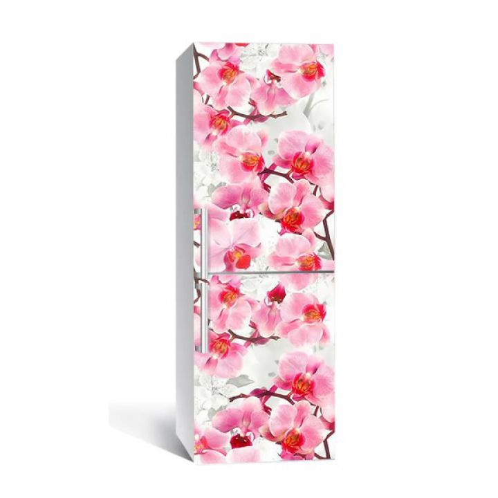 60х180 см, Наклейка на холодильник самоклеющаяся виниловая Розовые орхидеи