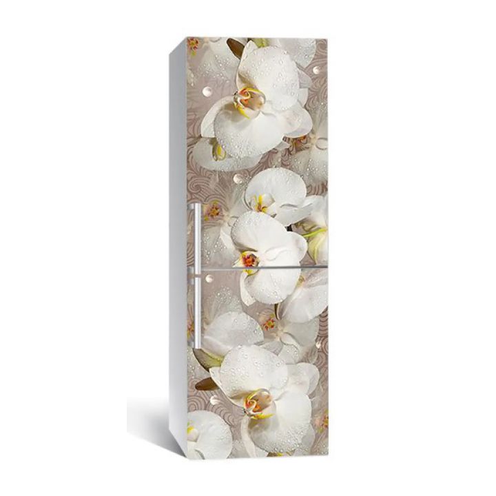 60х180 см, Наклейка на холодильник самоклеющаяся виниловая Белые орхидеи