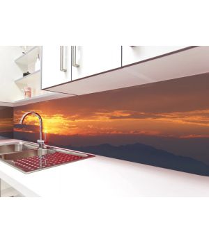 Наклейка кухонный фартук 60х300 см Закат солнца в горах оранжевый