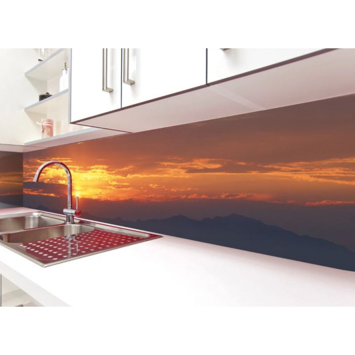 Наклейка кухонный фартук 60х300 см Закат солнца в горах оранжевый