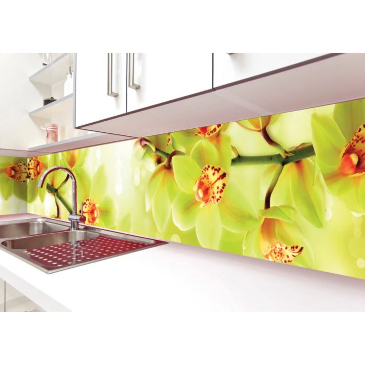 Наклейка кухонный фартук 65х250 см Орхидеи тигровые желтый