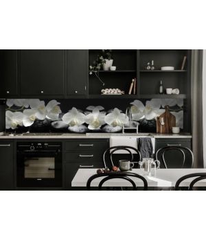 Наклейка кухонный фартук 65х250 см Белые Орхидеи на черном фоне белый