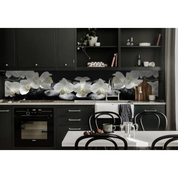 Наклейка вінілова кухонний фартух 65х250 см Білі орхідеї на чорному фоні
