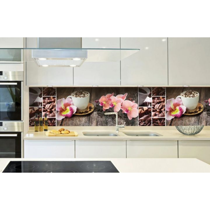 Наклейка кухонный фартук 60х300 см Орхидея и сладости розовый