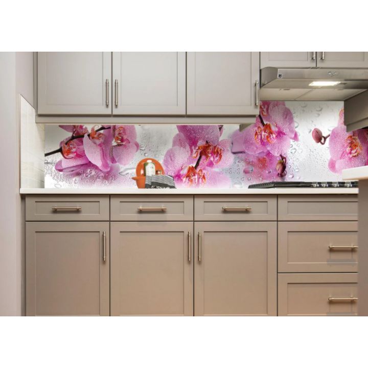Наклейка вінілова кухонний фартух 65х250 см Рожеві орхідеї та роса