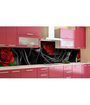 Наклейка вінілова кухонний фартух 60х300 см Чорний шовк та червоні троянди