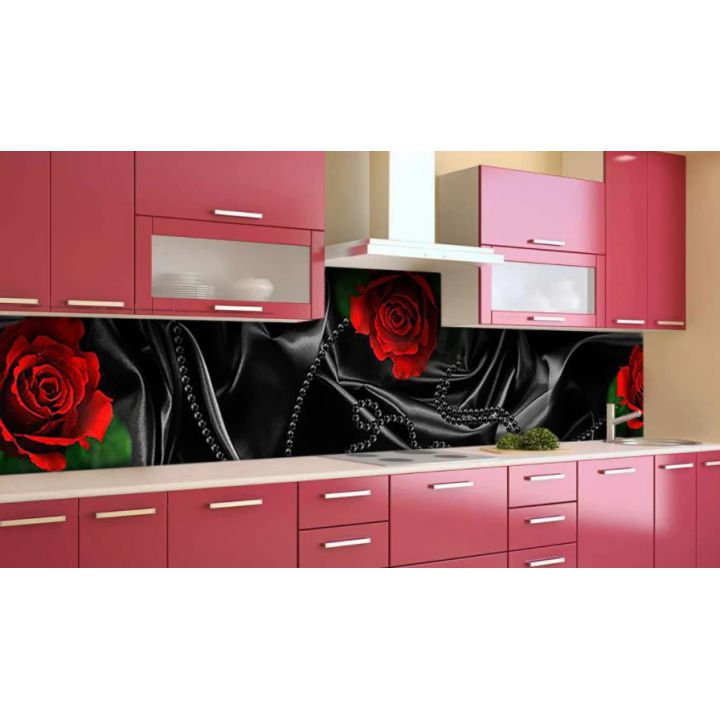 Наклейка вінілова кухонний фартух 60х300 см Чорний шовк та червоні троянди