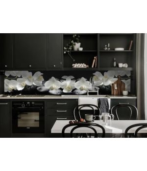 Наклейка вінілова кухонний фартух 60х300 см Білі орхідеї на чорному фоні
