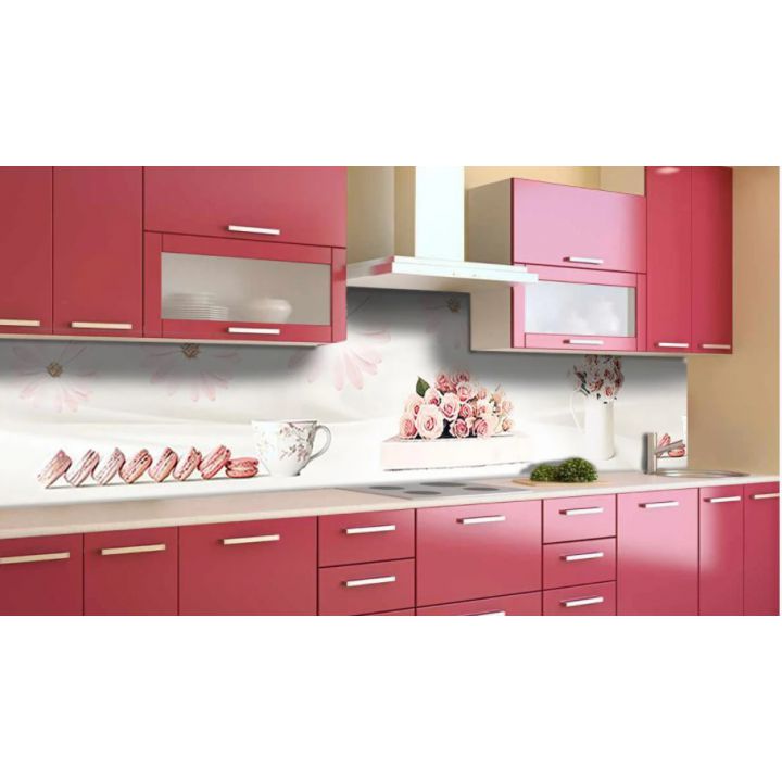 Наклейка виниловая кухонный фартук 65х250 см Розовые Макаруны