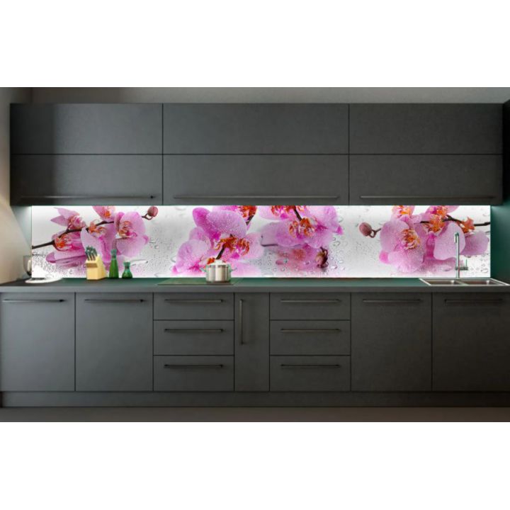 Наклейка вінілова кухонний фартух 60х300 см Рожеві орхідеї та роса