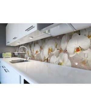 Наклейка кухонный фартук 60х300 см Орхидея и капли росы белый