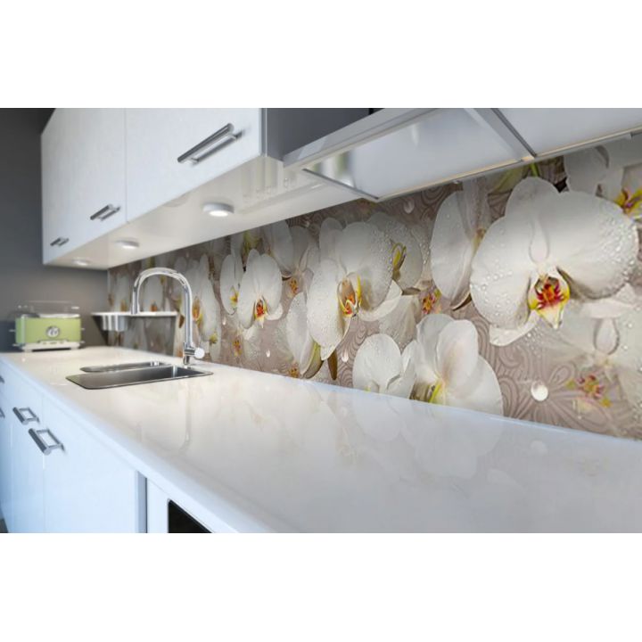 Наклейка вінілова кухонний фартух 60х300 см Орхідея та краплі роси