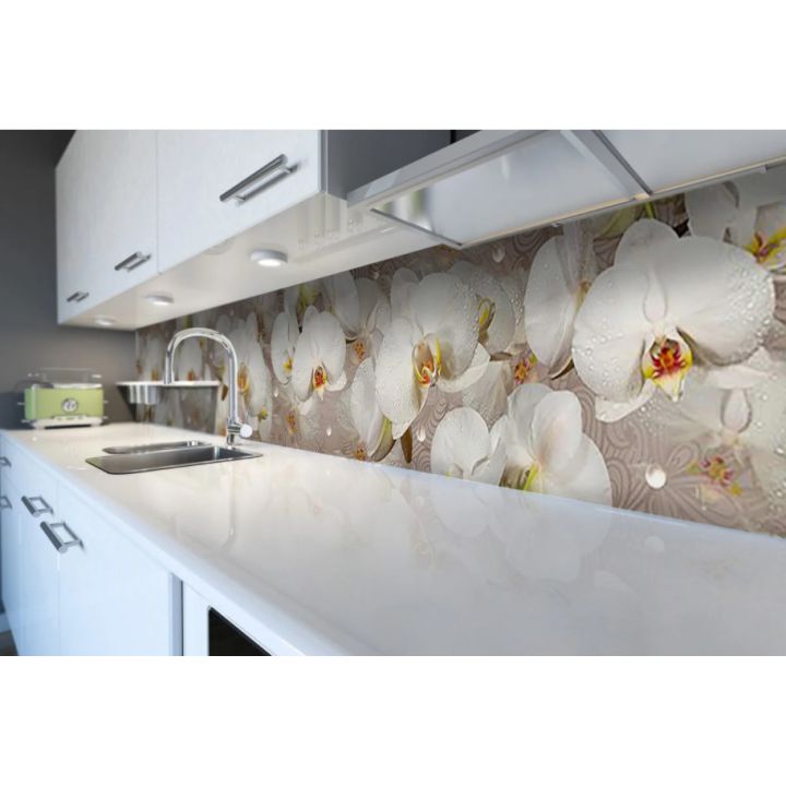 Наклейка Кухонный фартук 65х250 см Орхидея и капли росы белый