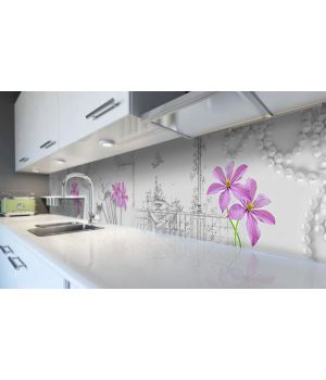Наклейка виниловая кухонный фартук 60х250 см Жемчуг Фиолетовые Цветы