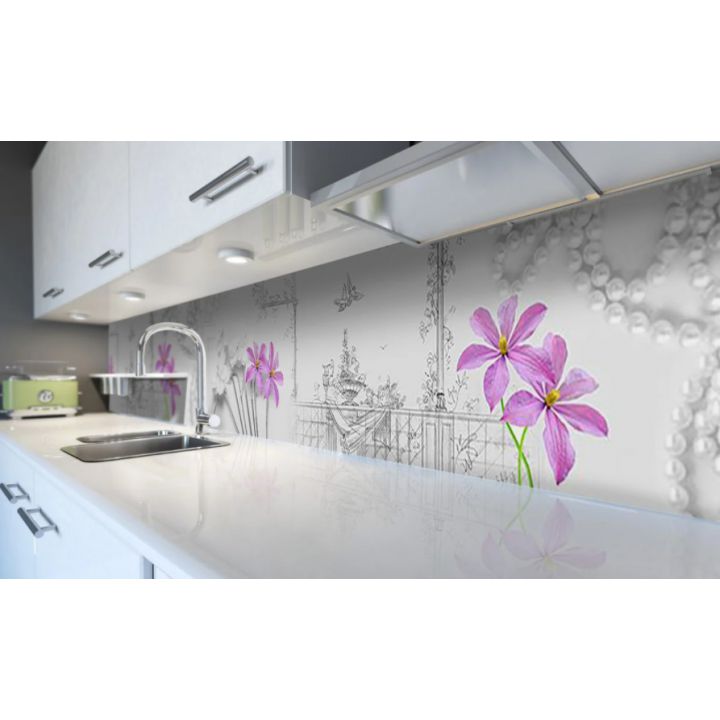 Наклейка виниловая кухонный фартук 60х250 см Жемчуг Фиолетовые Цветы
