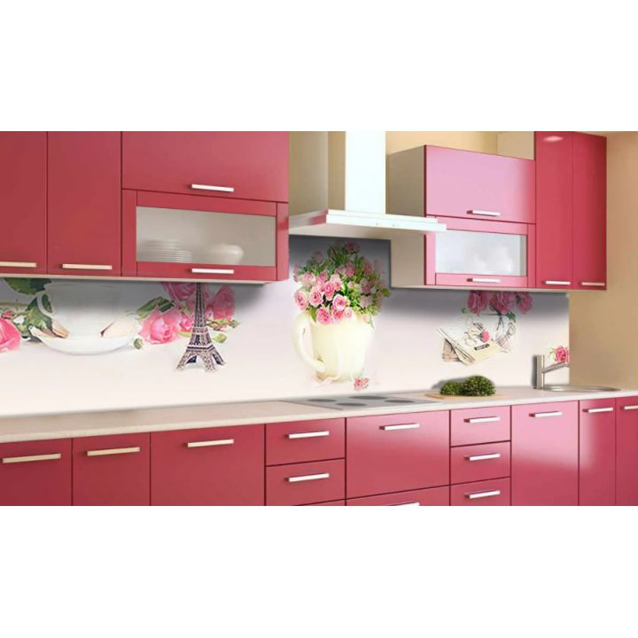 Наклейка вінілова кухонний фартух 60х250 см Рожеві квіти Париж