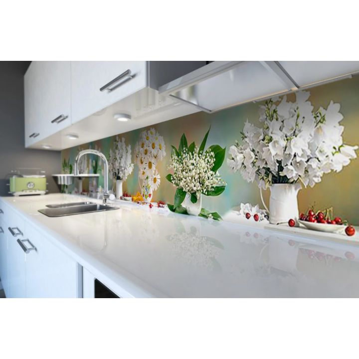 Наклейка кухонный фартук 60х300 см Цветы и Ягоды белый