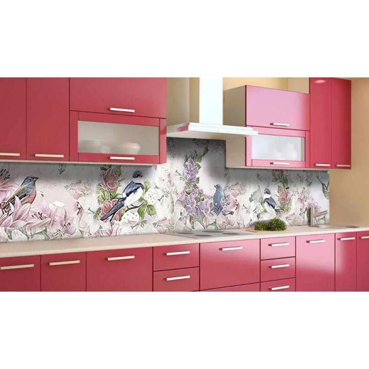 Наклейка виниловая кухонный фартук 65х250 см Птицы в цветах