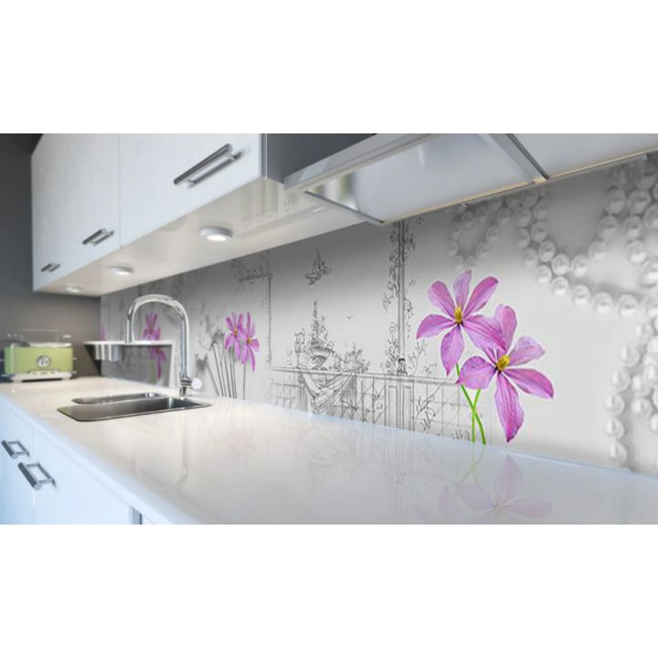 Наклейка виниловая кухонный фартук 65х250 см Жемчуг Фиолетовые Цветы