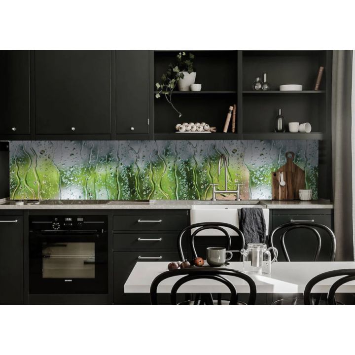 Наклейка кухонный фартук 65х250 см Дождь на стекле зеленый