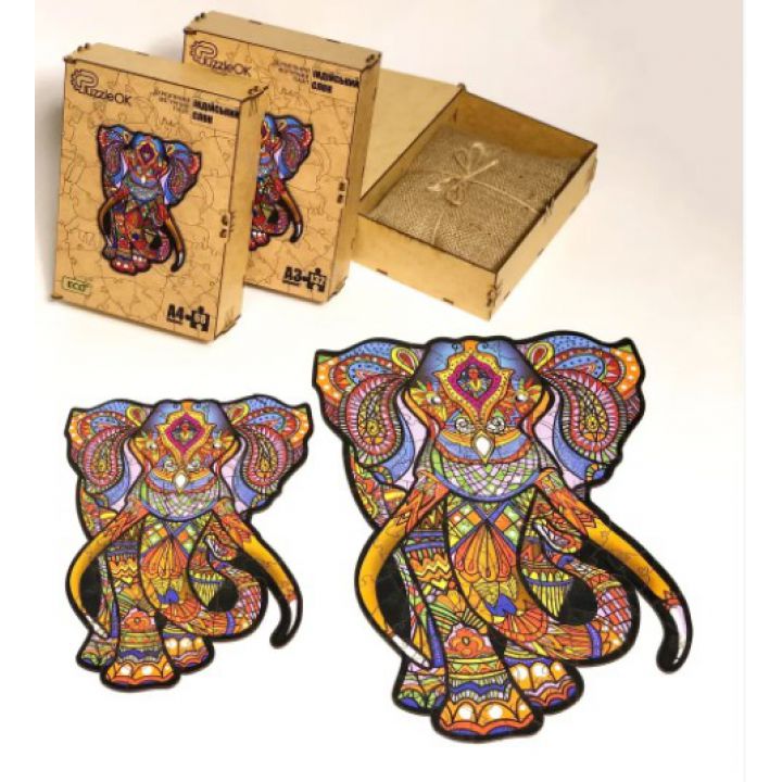 Фігурні дерев'яні пазли Слон, розмір М, 132 деталі Дер коробка
