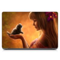 Виниловая наклейка для ноута Девушка с котенком Матовая