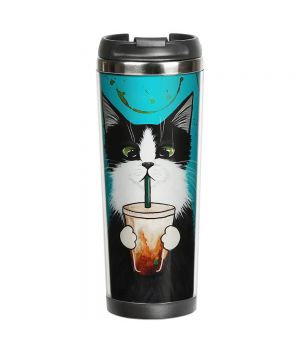 Термокружка для кави з малюнком стильна Кіт зі стаканом