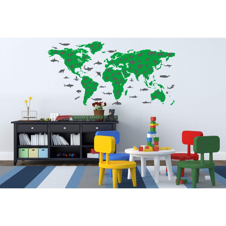 Виниловый стикер на стену Карта мира с животными