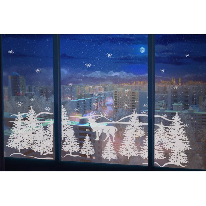 Виниловые наклейки на окна Новый год Олень в лесу