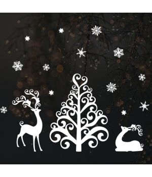 Интерьерная наклейка “Олени по елочкой с набором снежинок”
