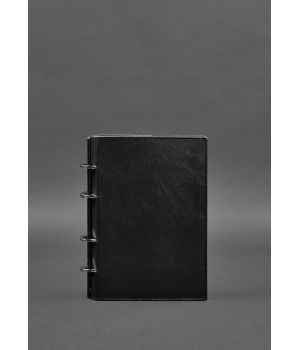 Кожаный блокнот на кольцах (софт-бук) 9.0 с твердой угольно-черной обложкой