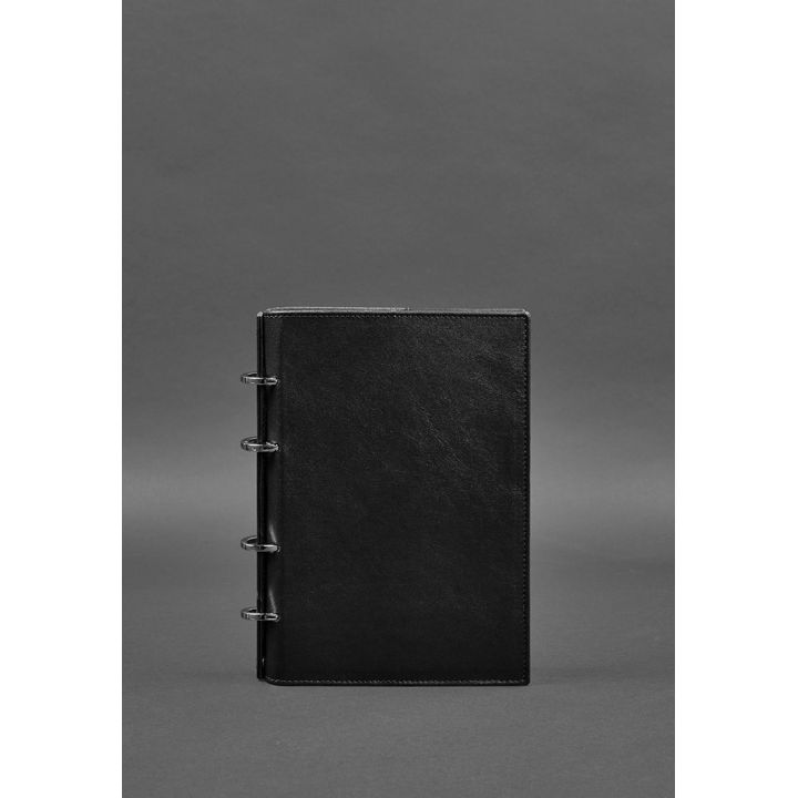 Кожаный блокнот на кольцах (софт-бук) 9.0 с твердой угольно-черной обложкой