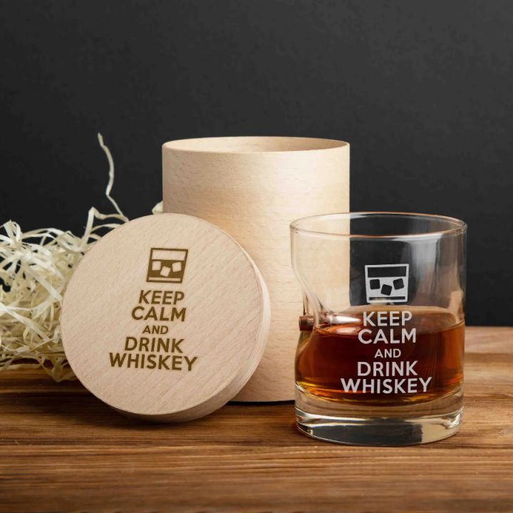 Склянка з кулею Keep calm and drink whiskey, англійська, Тубус зі шпону