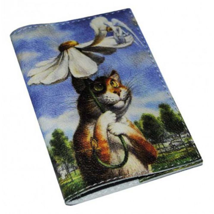 Кожаная обложка на паспорт -Кот под зонтиком-