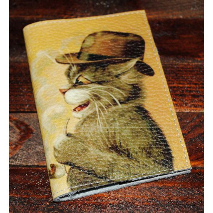 Кожаная обложка на паспорт -Кот в шляпе-