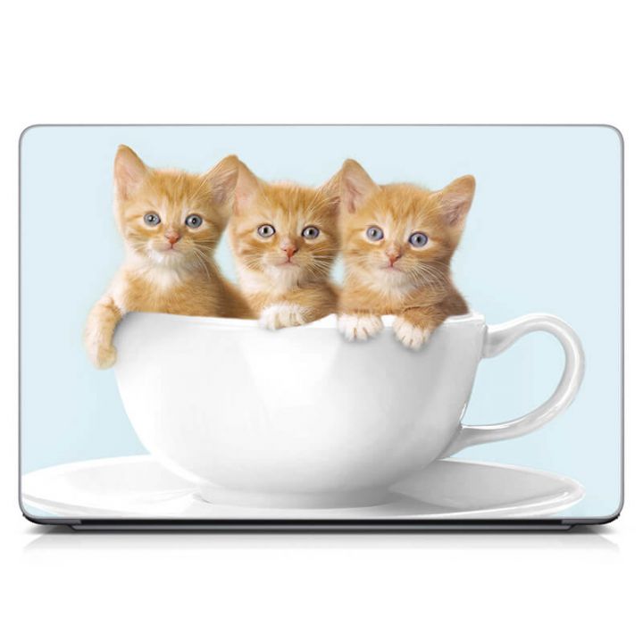 Универсальная наклейка на ноутбук 15.6"-13.3" Котята в чашке Матовая 380х250 мм