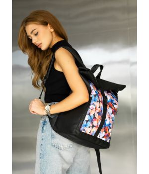 Жіночий рюкзак Sambag Roll Top One чорний принт "Flowers"